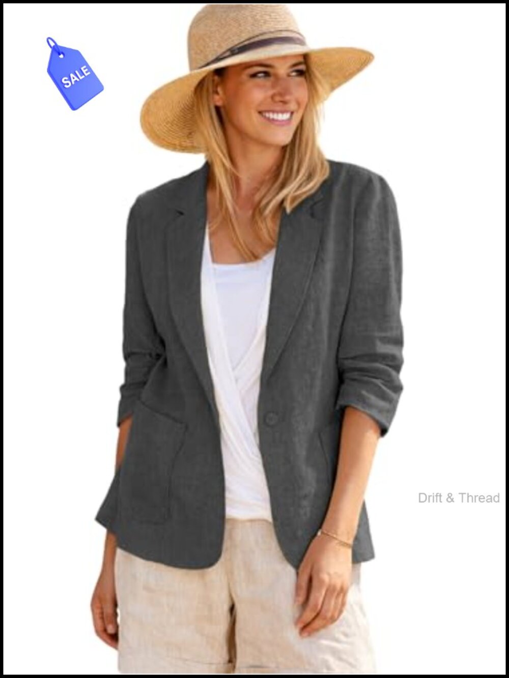 Linen Blend Blazer Jacket Lightweight 3/4 Ruched Sleeve Business Casual Work